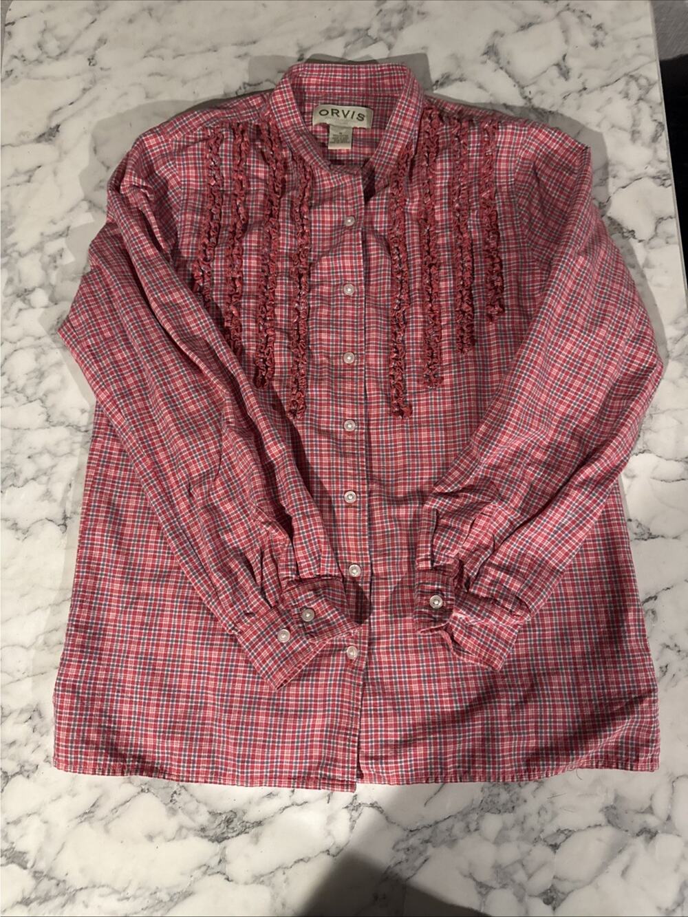 Orvis Women's Shirt Blouse Plaid Long Sleeve Size Medium Red White Blue